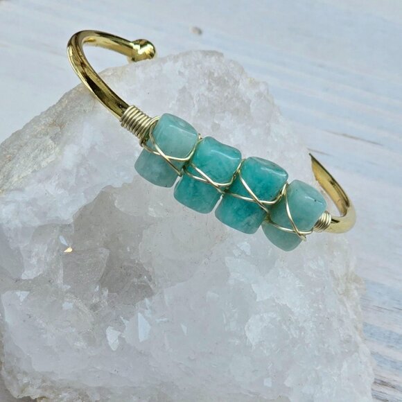 Amazonite Wire Wrap Cuff – 14Kt Gold Over Copper – Tranquility Talisman Handmade - Picture 9 of 11